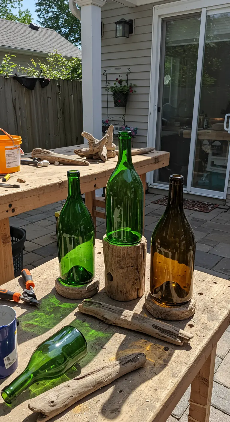 A workshop table showing the components for making driftwood and wine bottle lanterns.