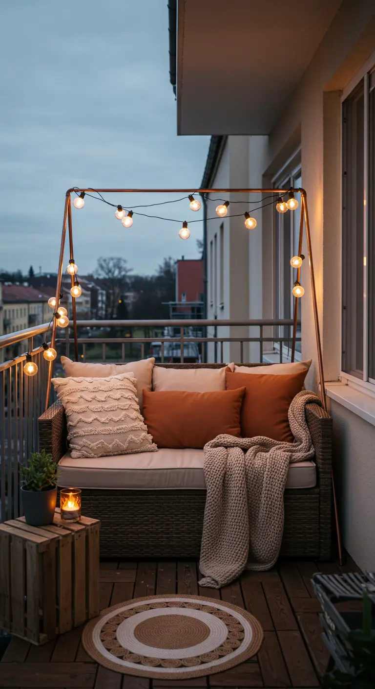 A copper pipe frame with string lights arching over a cozy balcony sofa.
