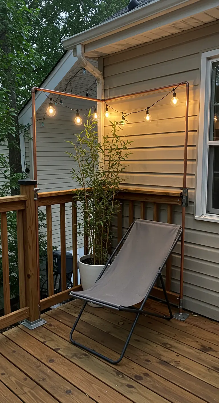 An L-shaped copper pipe frame with string lights, mounted to a wooden deck.