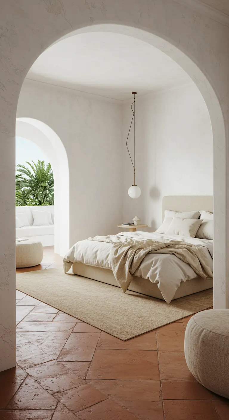 Bedroom viewed through an arched doorway, with terracotta tiles and a simple pendant light.