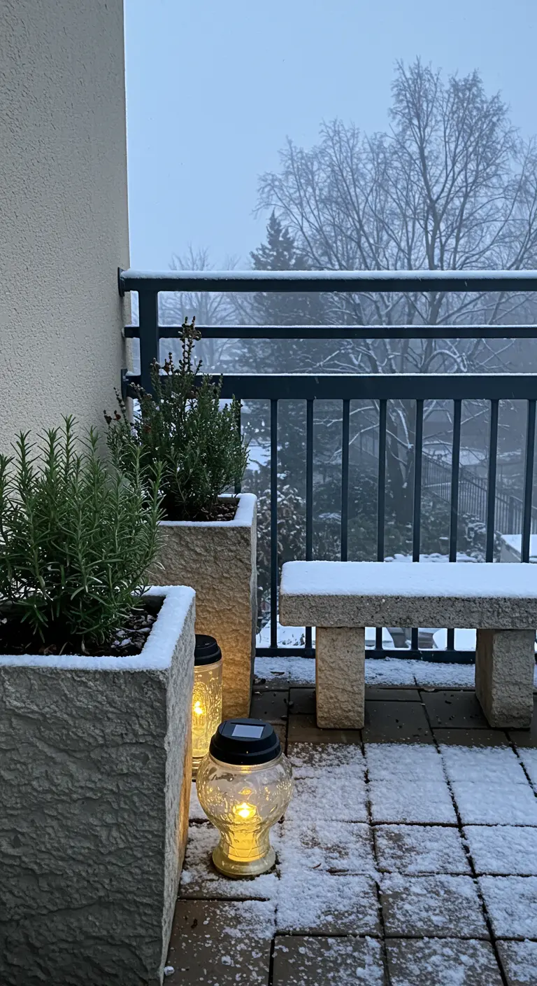 Minimalist balcony with textured stone planters, a stone bench, and a solar lantern.