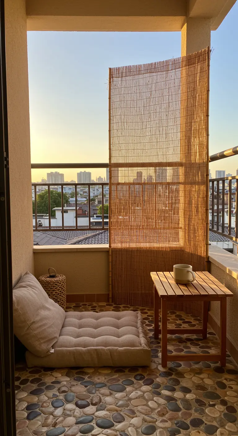 Small, simple balcony with pebble floor, floor cushion, and a bamboo privacy screen.