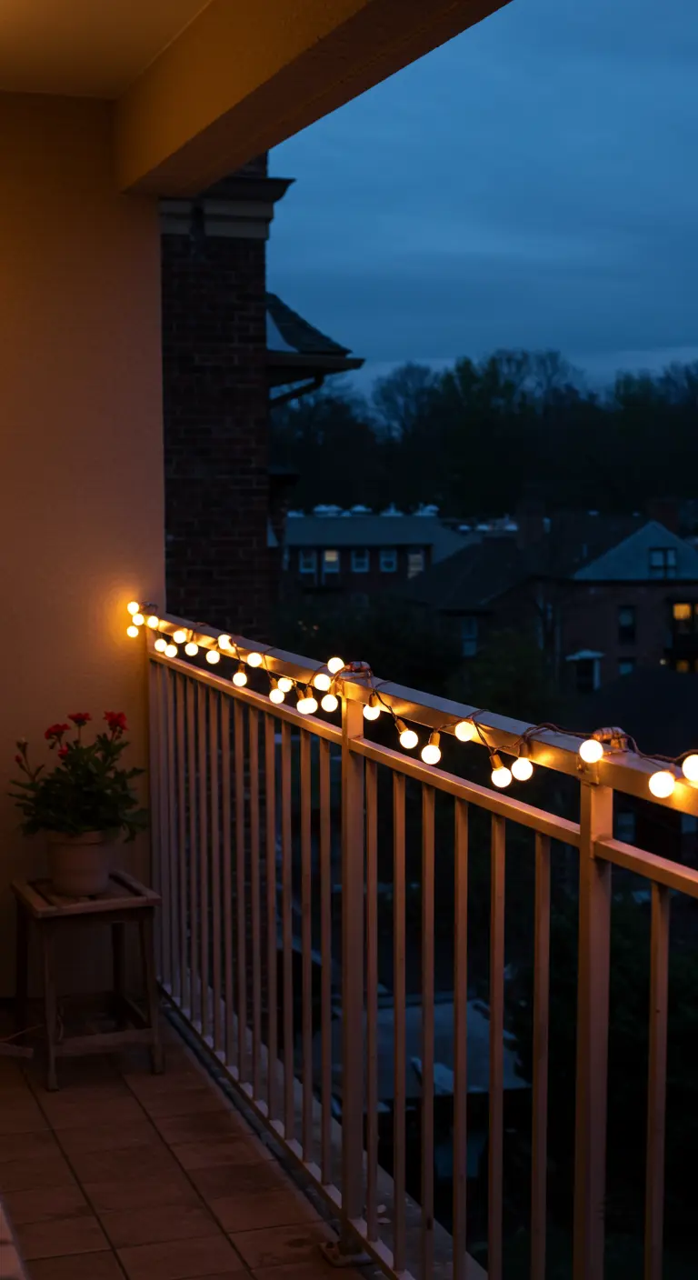 Globe string lights attached neatly along the top of a metal balcony railing at dusk.