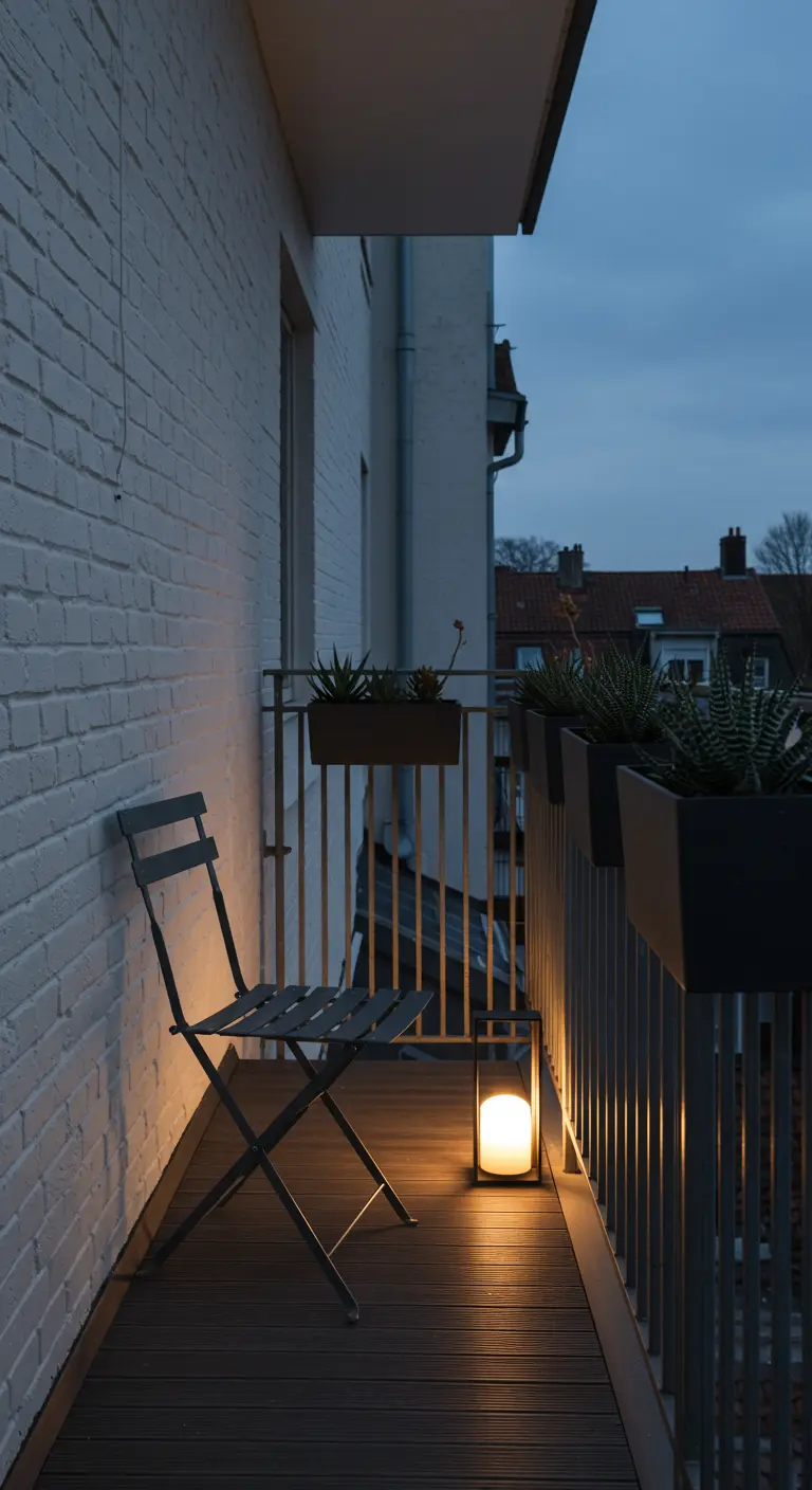 A single chair and a glowing floor lantern on a narrow wooden balcony at dusk.