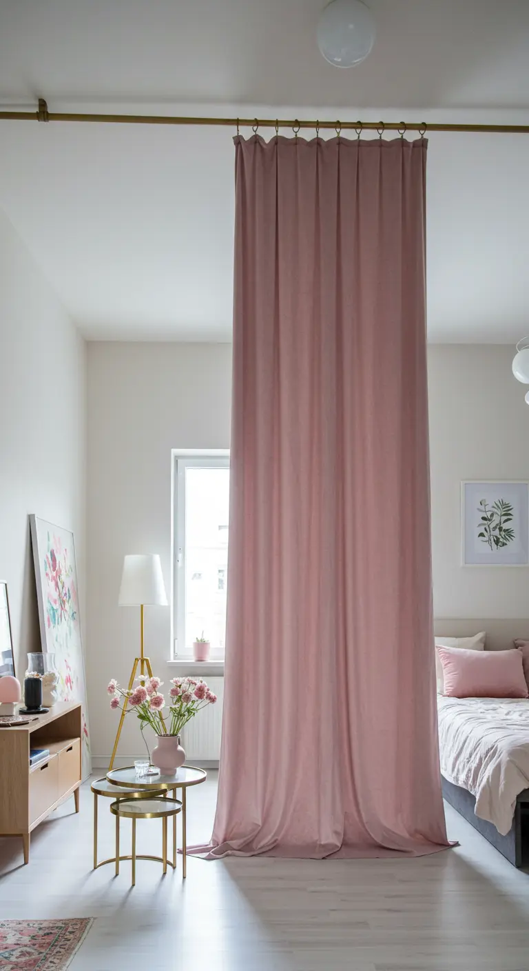 A single pink curtain hangs from a gold rod to divide a room.