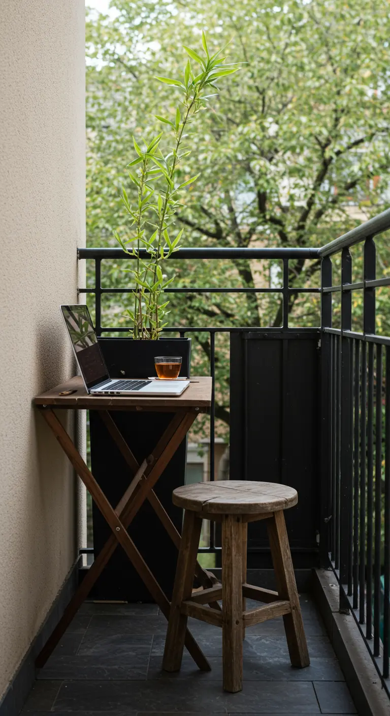 A minimal balcony with a single stalk of bamboo in a tall planter next to a small table.