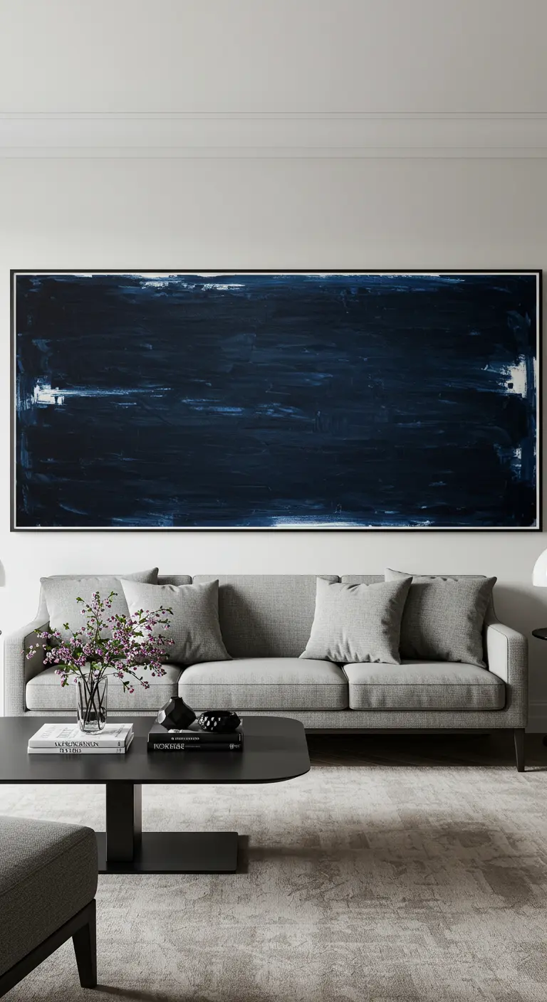A single, large horizontal abstract painting in dark blue hangs above a gray sofa.