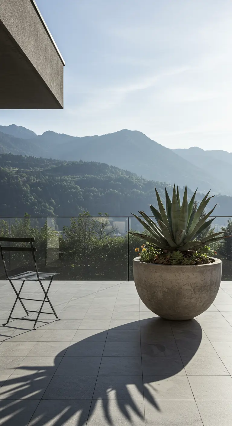 A large concrete bowl planter with an agave plant on a tiled balcony with a mountain view.