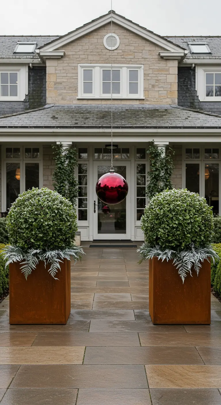 A single giant red bauble hanging between two large planters at a home's entrance.