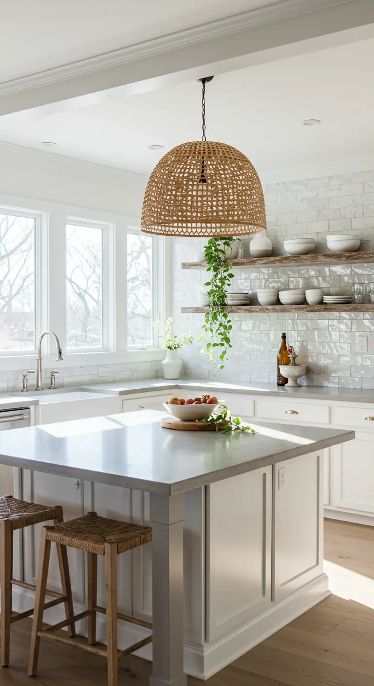 Large woven dome pendant light over a white kitchen island with driftwood shelves in the background.