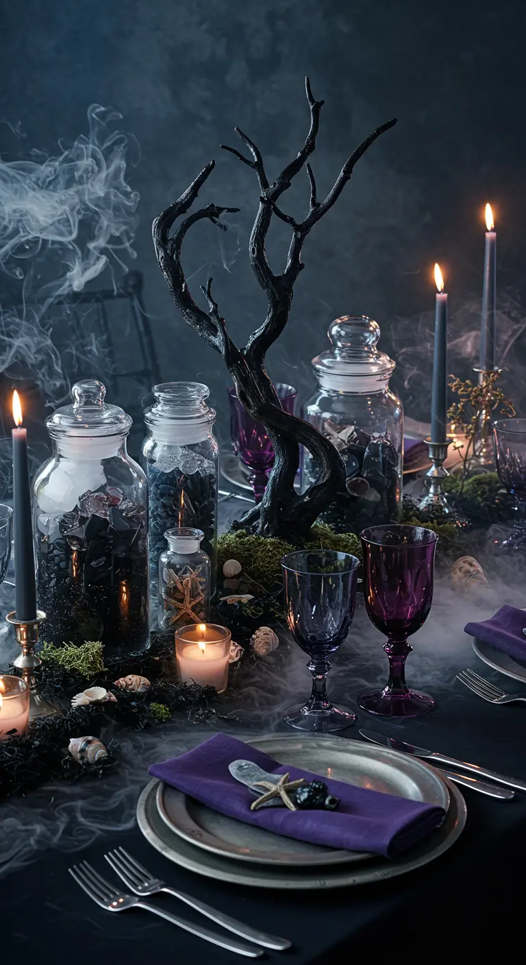 A gothic coastal table with black driftwood, purple glassware, and a smoky effect.