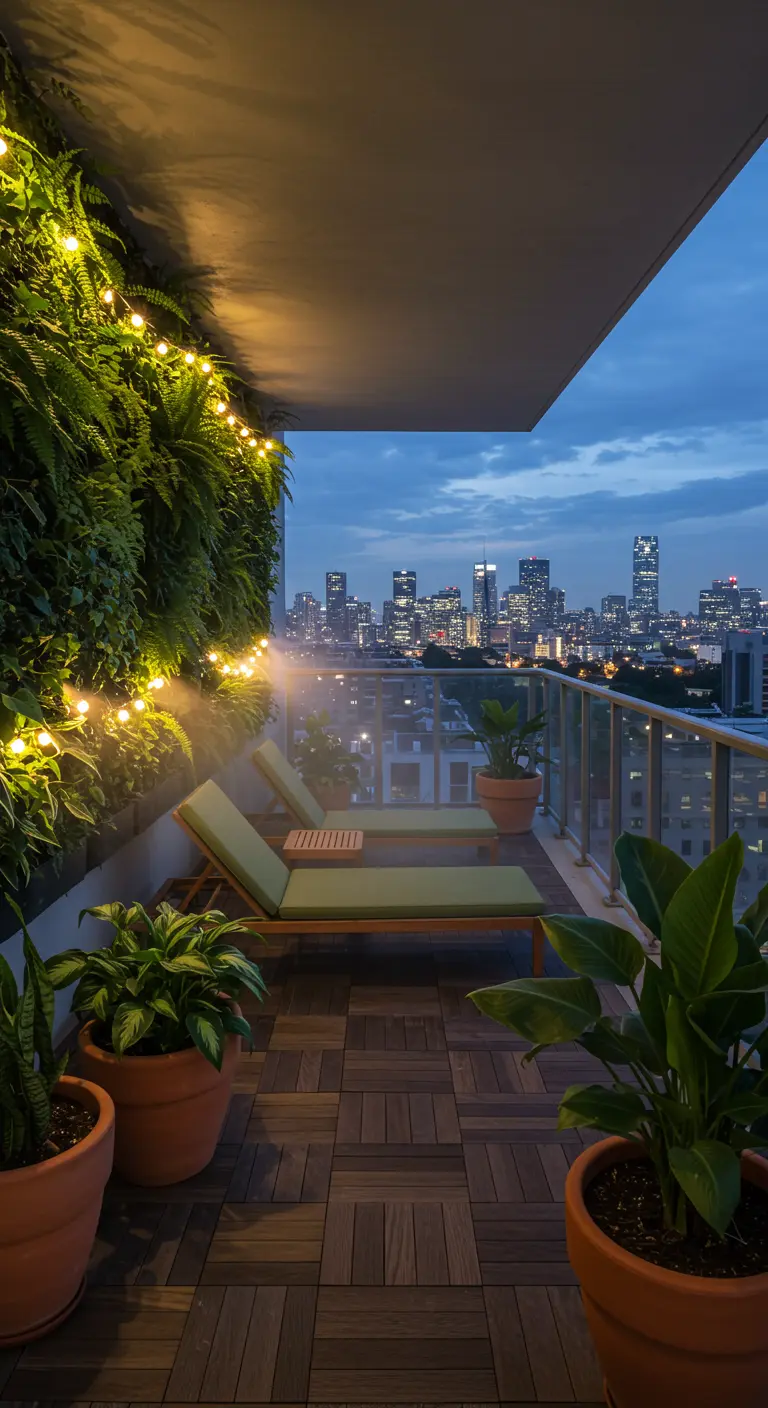 Urban balcony with a lit fern wall and loungers overlooking a city at dusk.