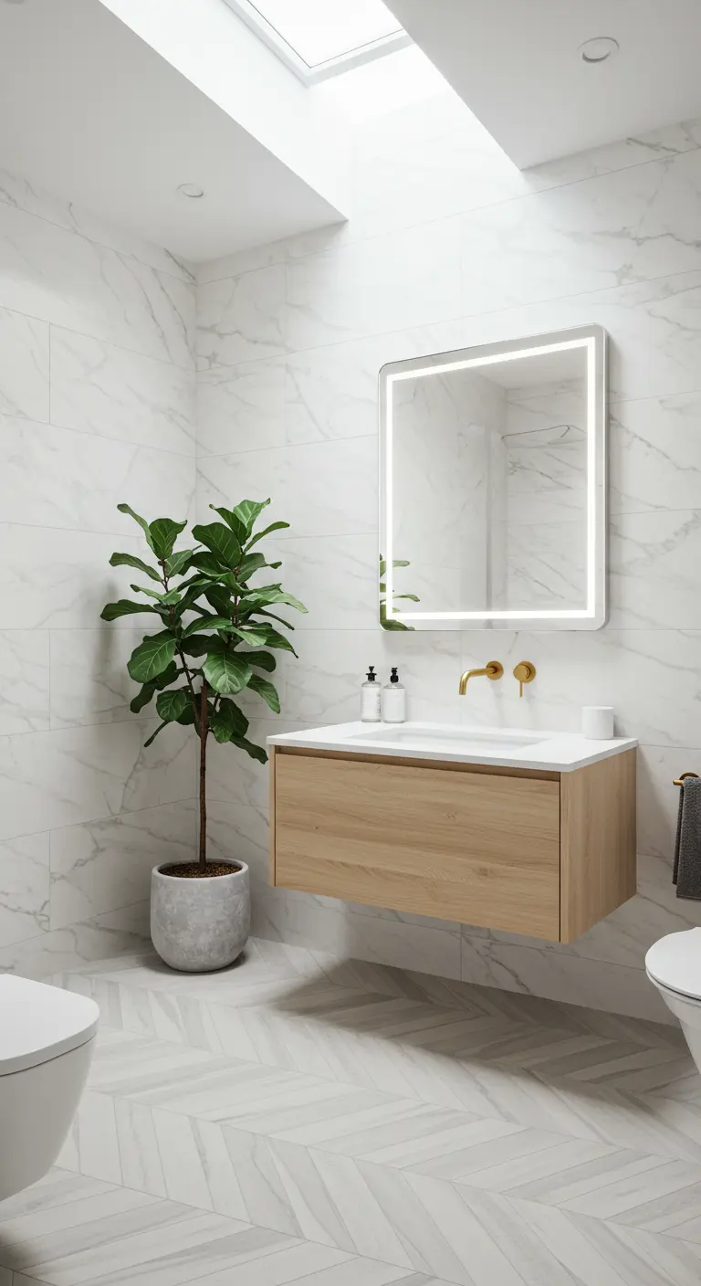 Minimalist white marble bathroom with a floating oak vanity and a large potted plant.
