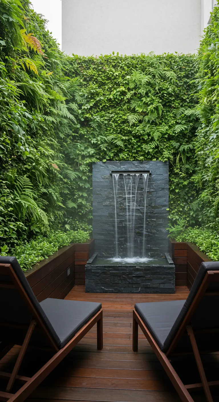 A modern balcony with a slate waterfall feature between two dark loungers.
