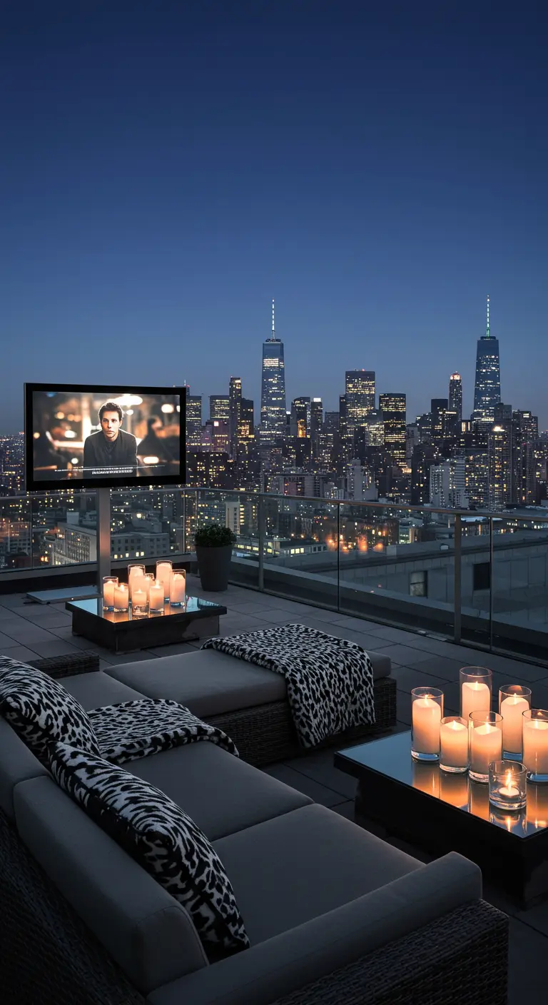 A modern city rooftop with an outdoor TV, dark loungers, and a leopard print blanket.