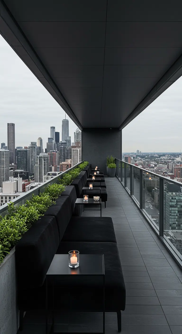 A long, narrow balcony with a continuous planter filled with green shrubs and a black velvet sectional.