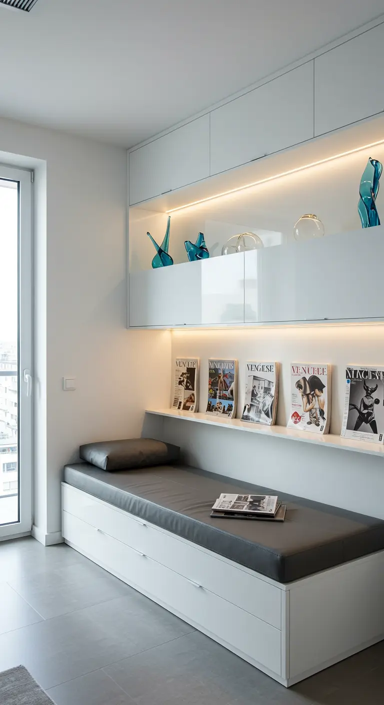 A modern white reading nook with integrated LED lighting under shelves and a grey cushion.