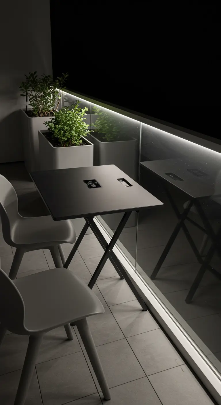 A modern balcony at night with a glowing LED strip along the base of the glass railing.