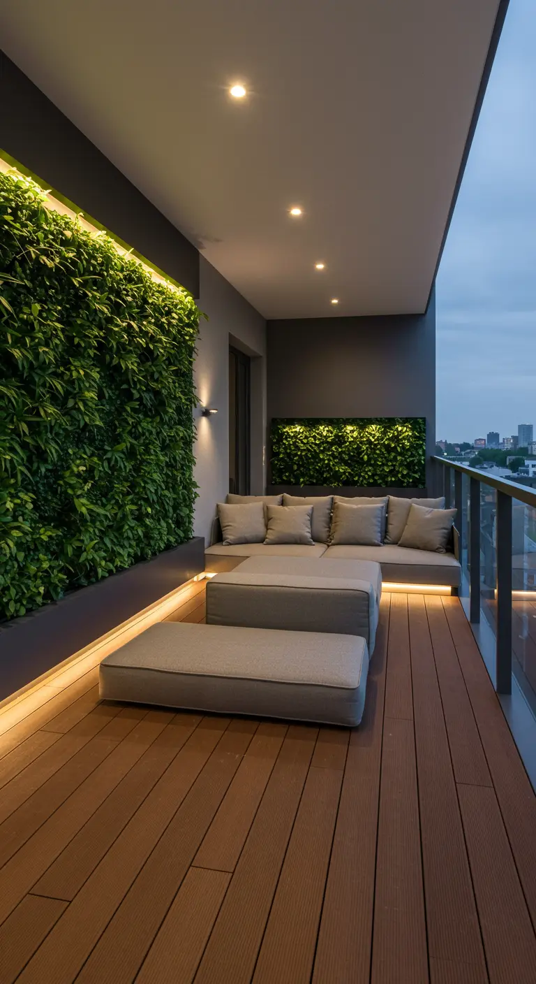 A modern balcony with gray modular seating and a green wall, both underlit with warm LED strips.