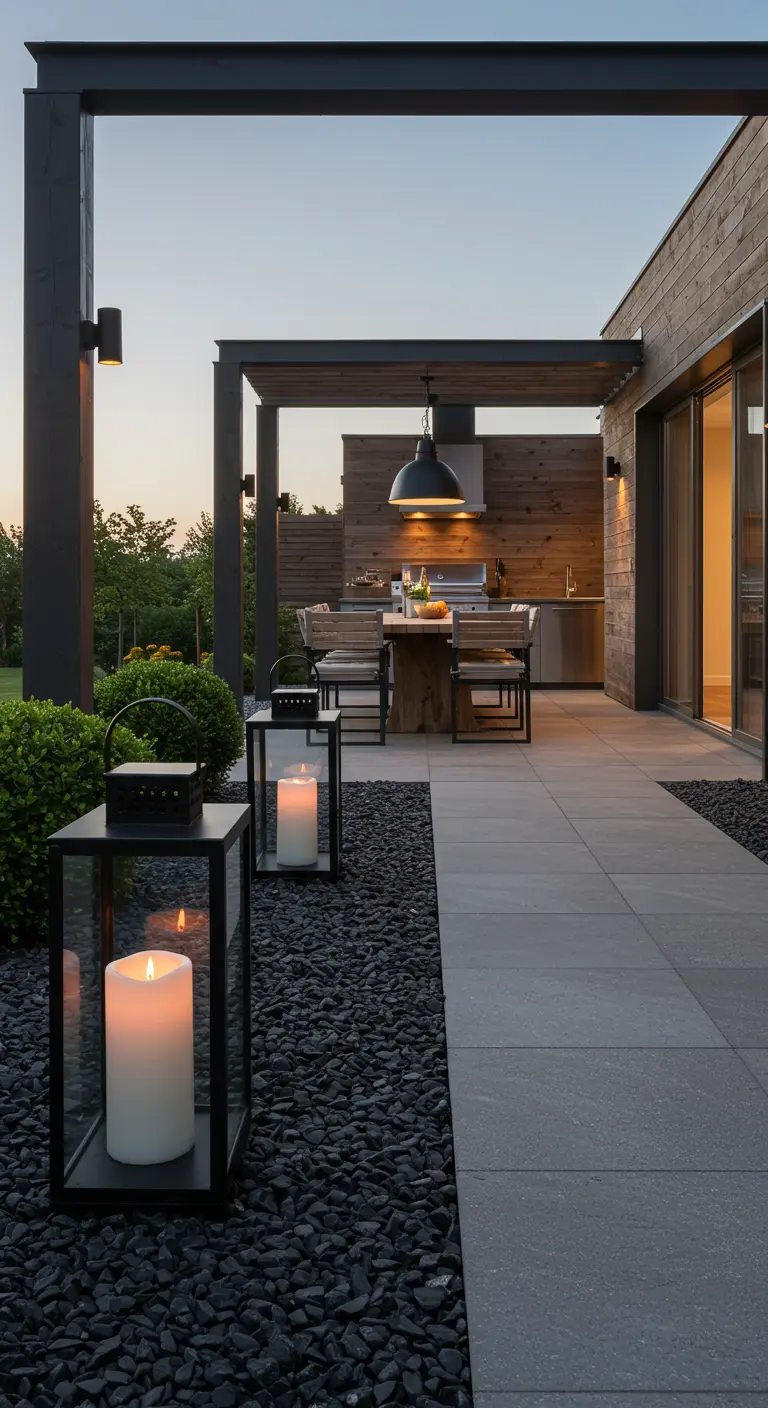 Modern black lanterns line the edge of a sleek patio with an outdoor kitchen.