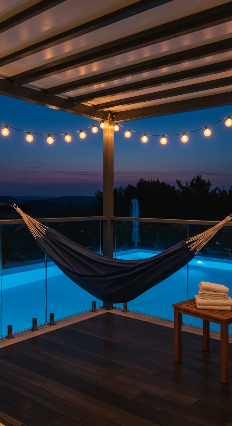 A dark blue hammock on a modern deck overlooking a swimming pool at night.