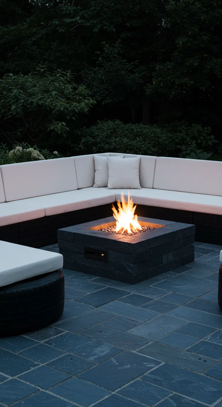 A modern square fire pit on a slate patio with black tire seating and off-white cushions.