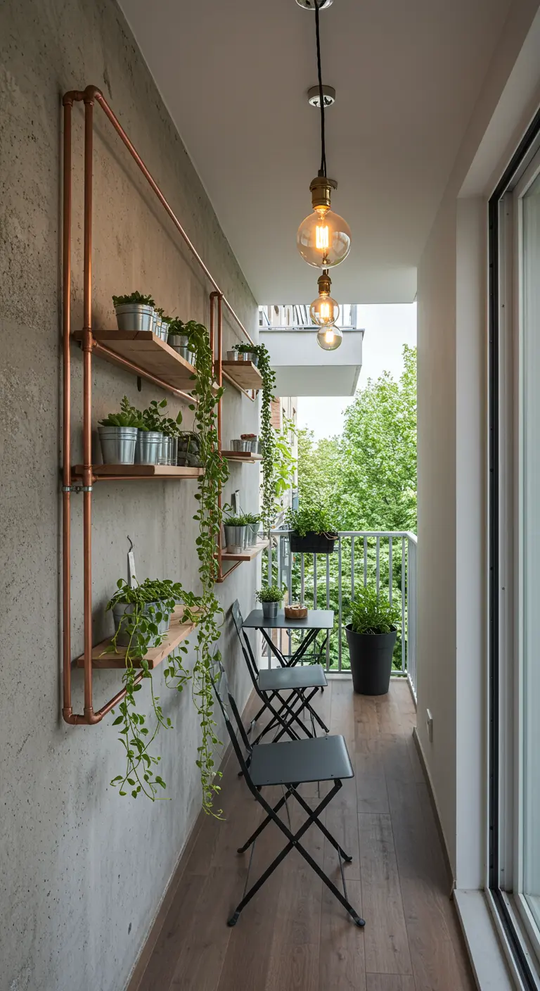 Narrow balcony with a copper pipe shelving unit holding plants, some of which are trailing down.