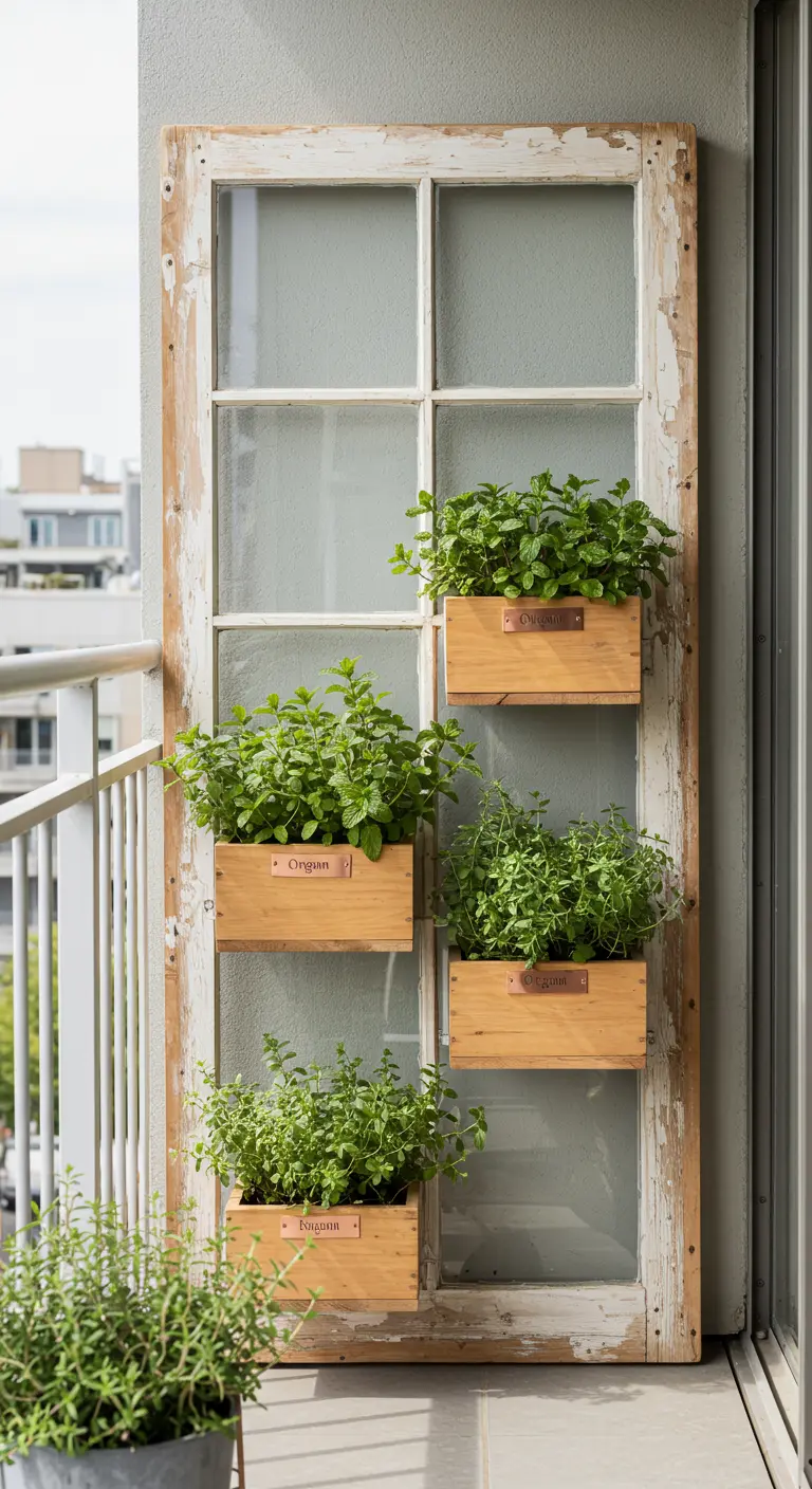 A tall, weathered window frame used as a vertical herb garden on a modern apartment balcony.