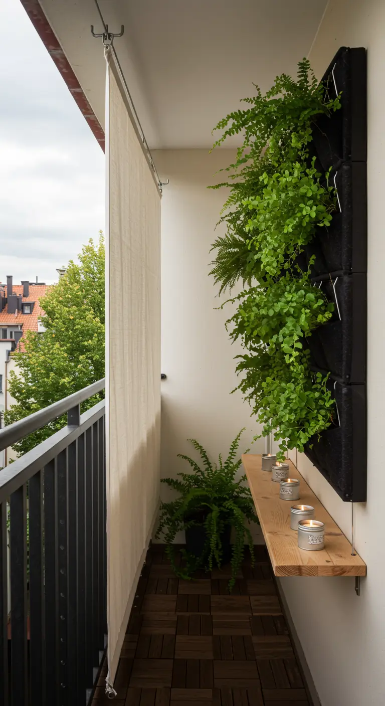 Narrow balcony with a vertical fabric planter and a simple shelf with candles.