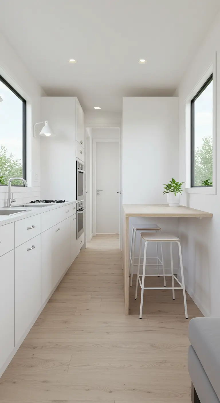 A sleek white galley kitchen with a narrow wooden dining bar and two white stools.