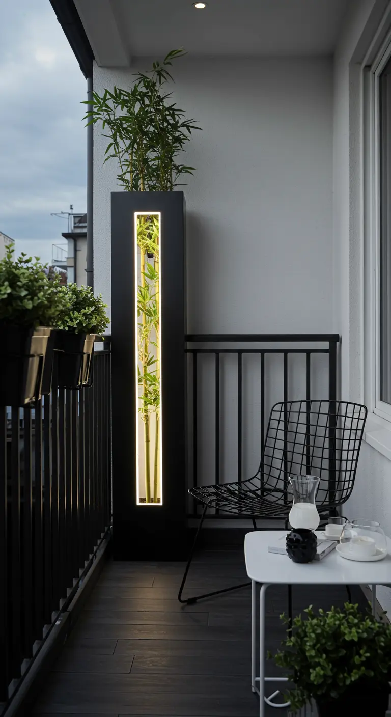 A tall black planter with a vertical light panel illuminating bamboo on a small balcony.