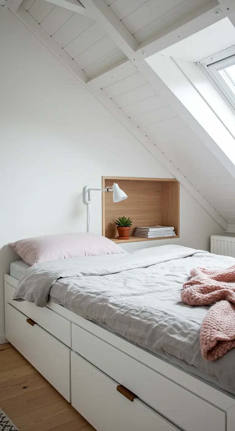 Bright attic bedroom with a built-in wood niche and white under-bed drawers.