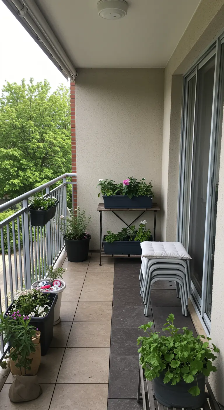 A simple balcony with a stack of white stools topped with cushions, next to planters.