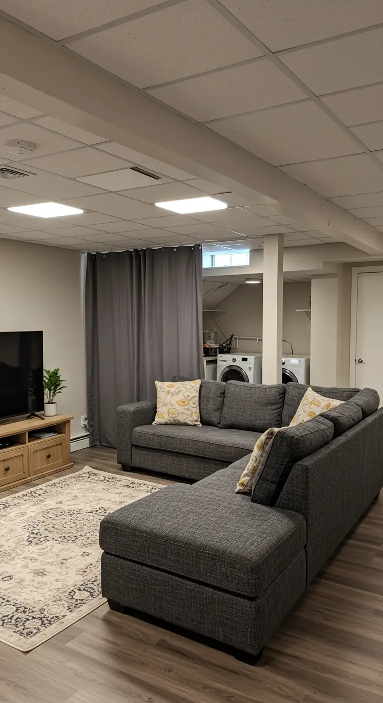 A finished basement with a gray sectional and a dark curtain hiding the laundry area.