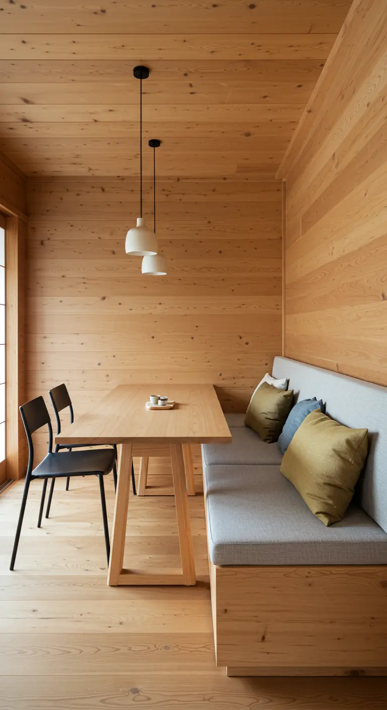 Dining nook with a built-in wood banquette and light gray cushions.