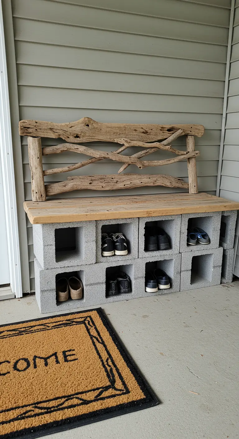 A cinder block bench used as entryway shoe storage, with a simple driftwood backrest.