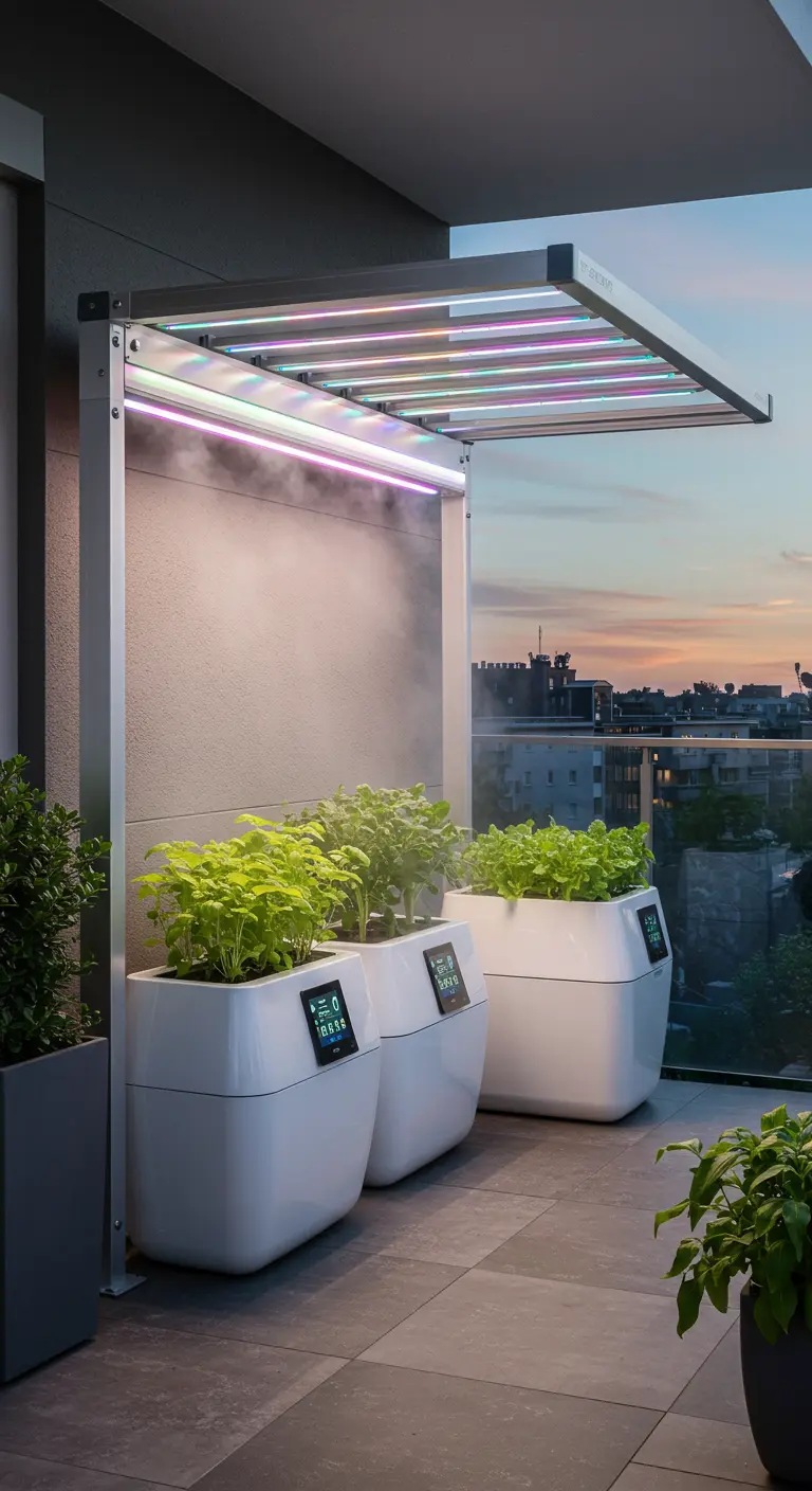 High-tech balcony with a silver pergola featuring grow lights and misters over smart planters.