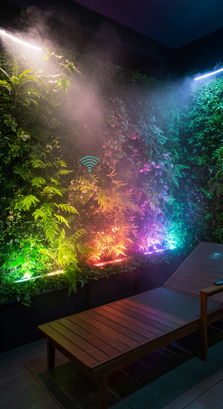 A living wall lit by multicolored smart LED lights, creating a rainbow effect in the mist.