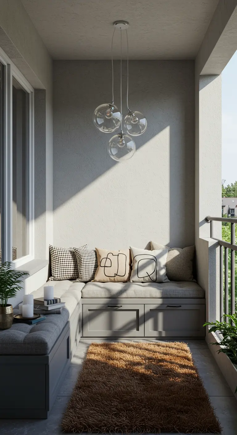 A narrow balcony with a gray built-in storage bench, neutral pillows, and a brown shag rug.