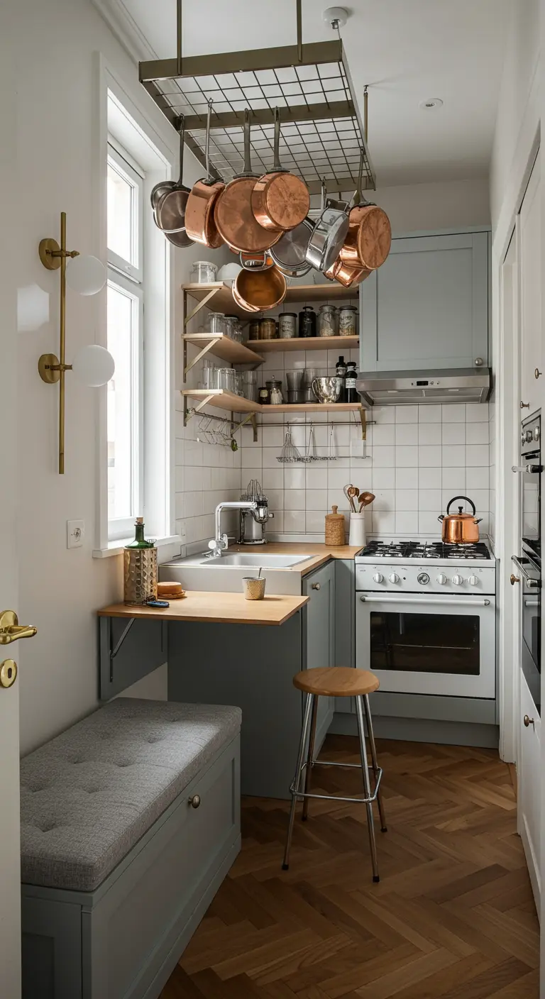Narrow galley kitchen with a ceiling-mounted pot rack, fold-down table, and storage bench.