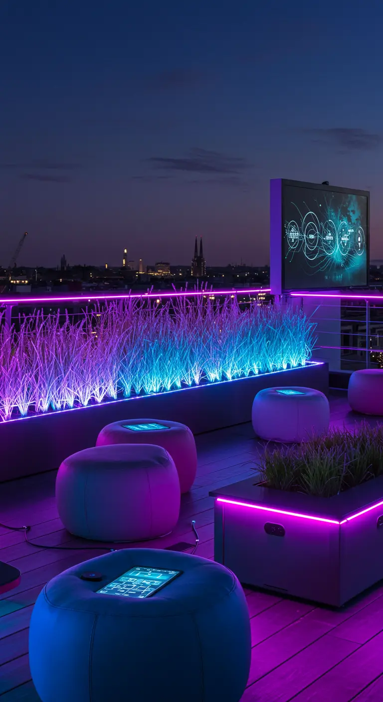 A futuristic rooftop lounge with poufs featuring phone chargers and planters lit with neon lights.