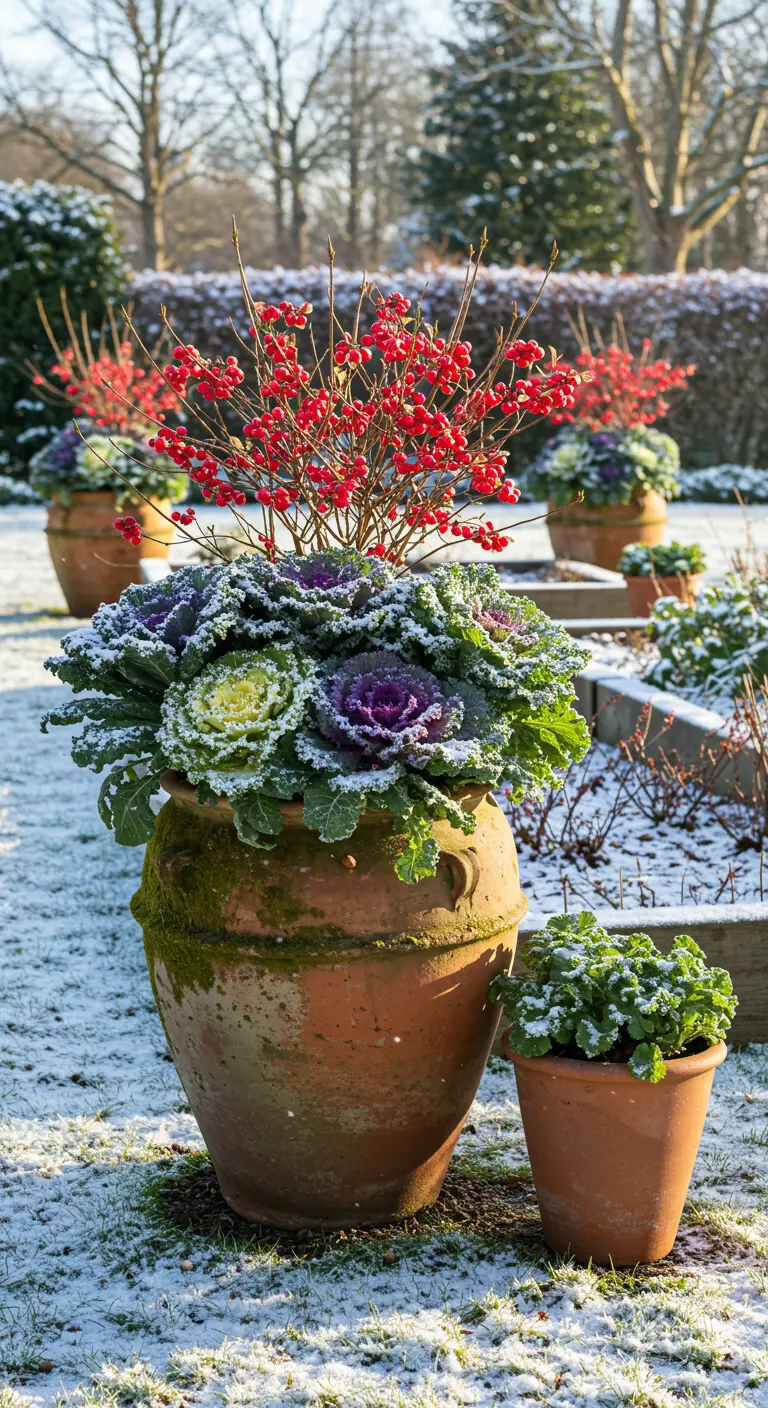 A large, mossy terracotta urn with kale and berries, lightly dusted with snow.