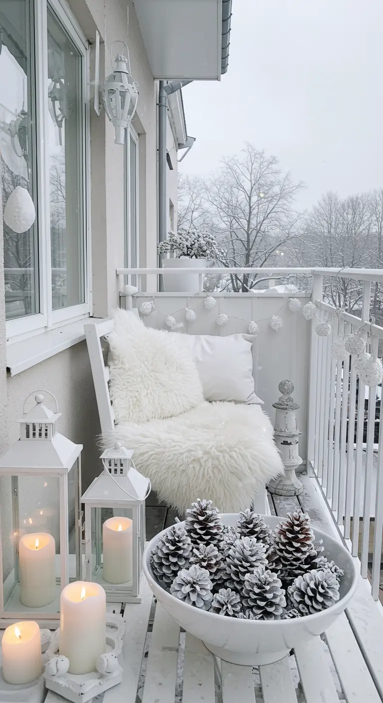 All-white balcony in the snow with white lanterns and a bowl of frosted pinecones.