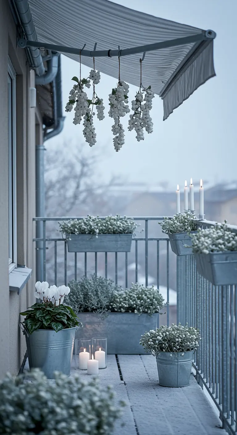 Snowy balcony with white flowers and berries in galvanized metal planters.