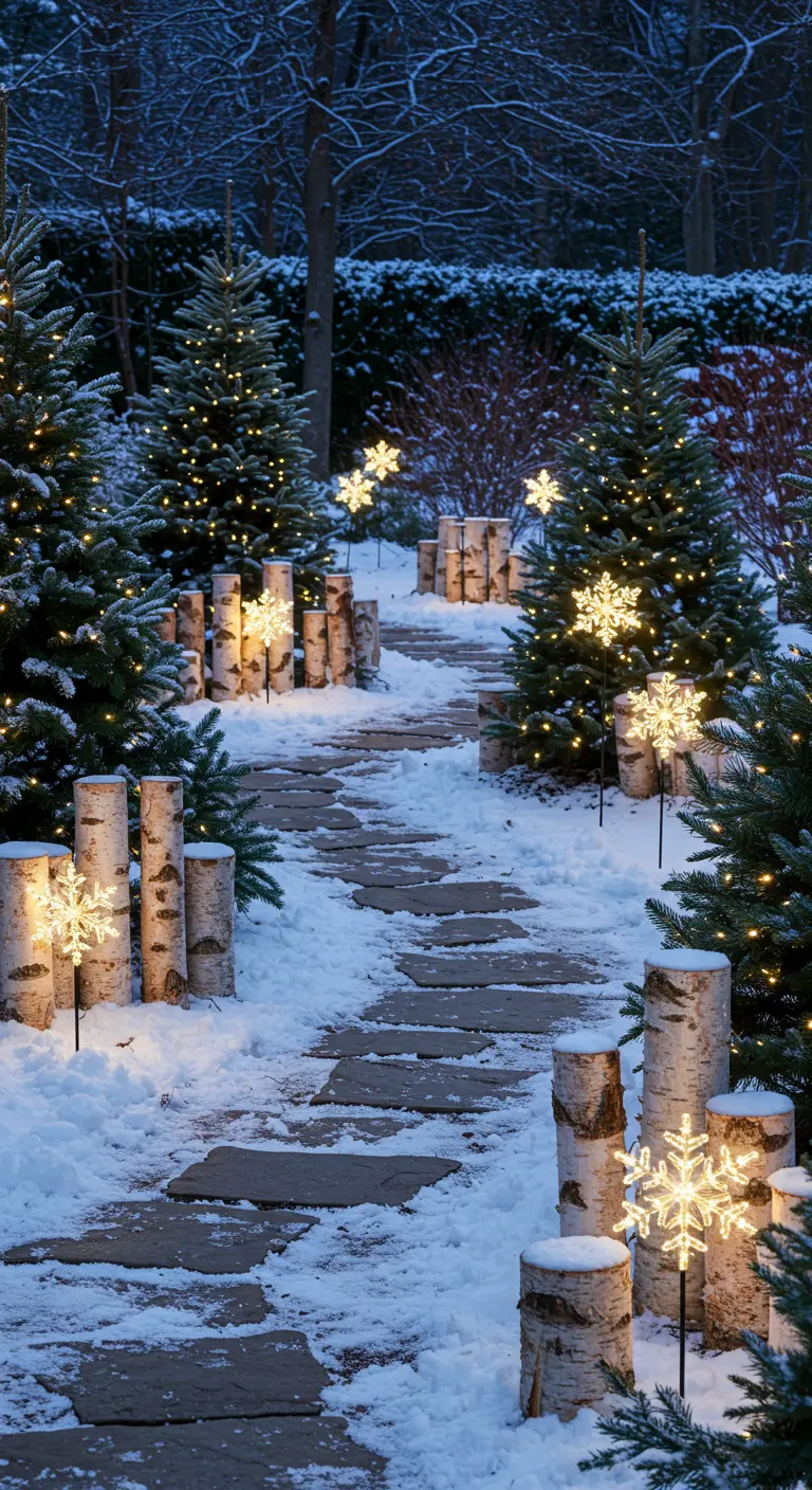 A snowy garden path bordered by birch logs and illuminated snowflake stakes.