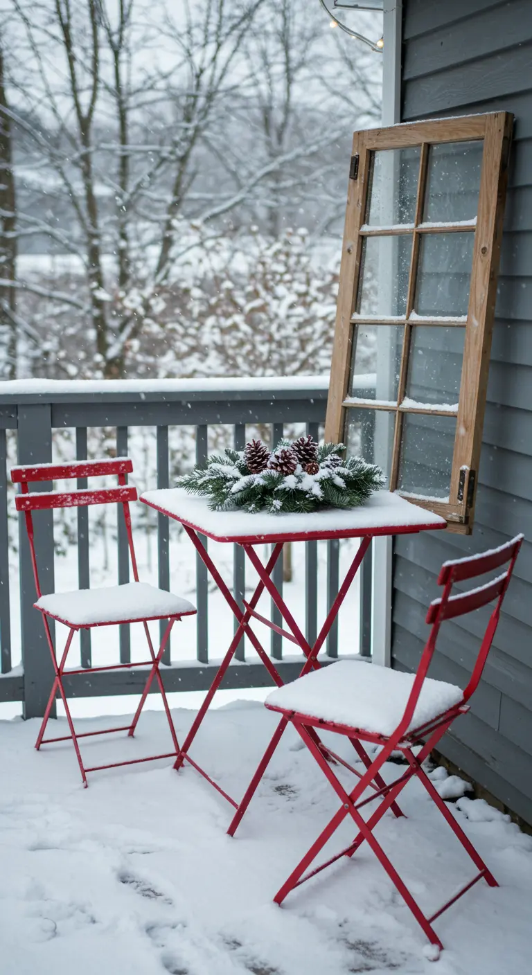 A red bistro set sits on a snowy balcony, with a pine wreath on the table and a window frame on the wall.