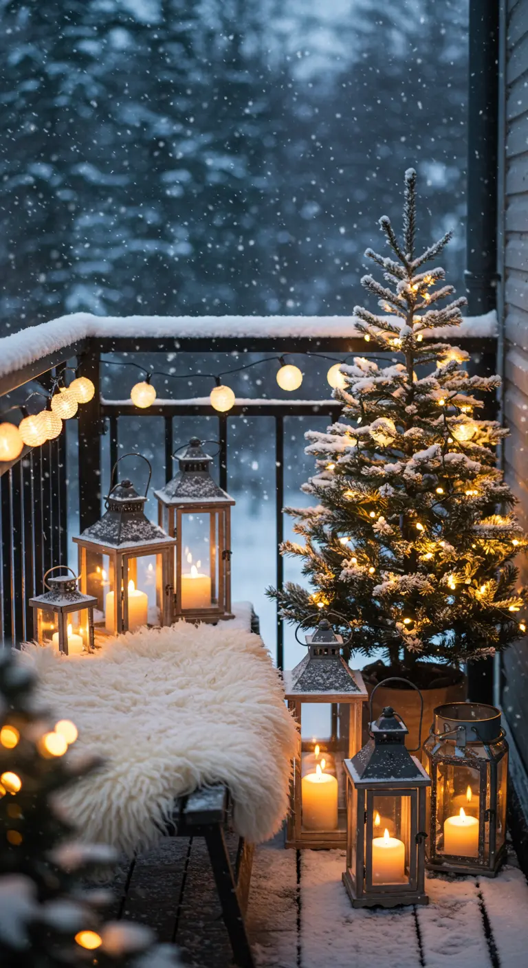 A snowy balcony at night with a lit Christmas tree, lanterns, and a sheepskin throw.