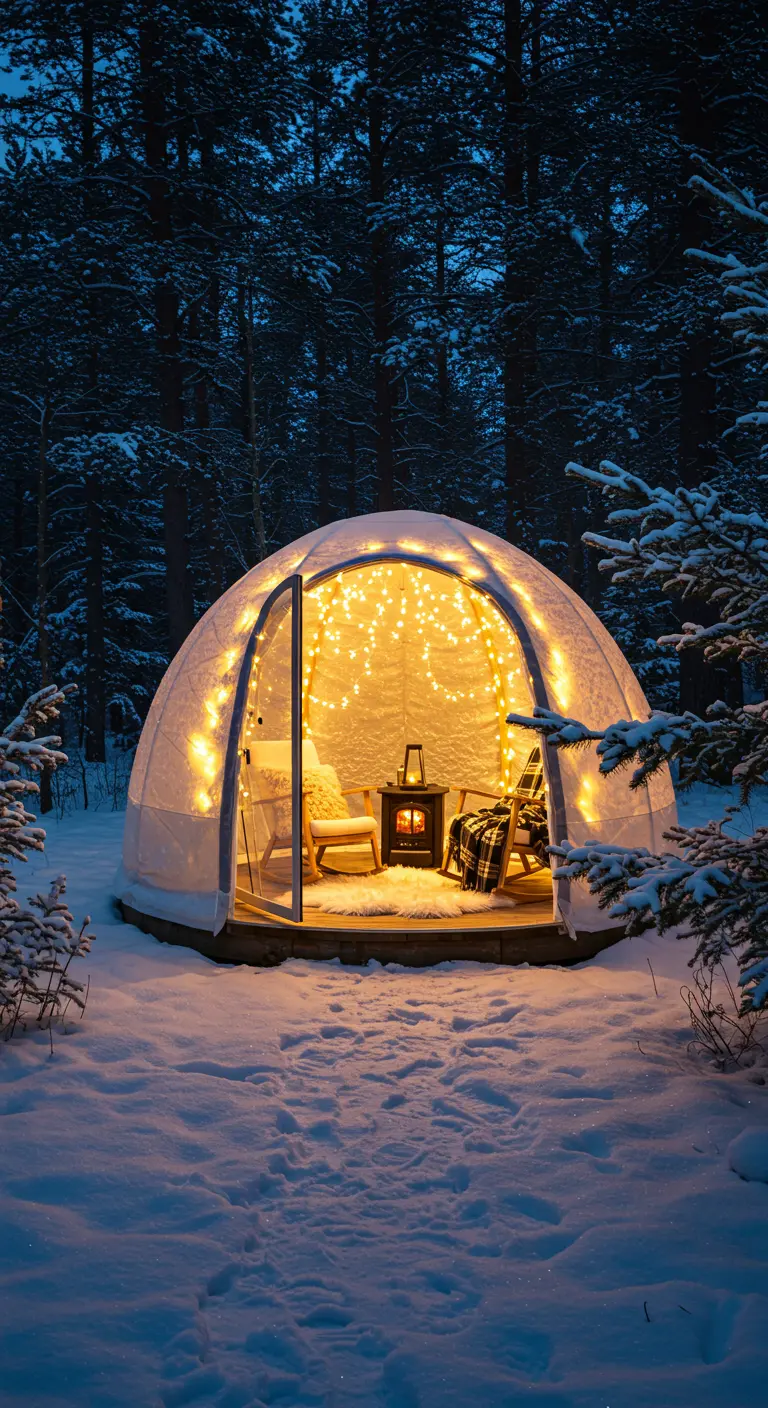 A lighted dome tent in a snowy forest at night, with cozy chairs inside.