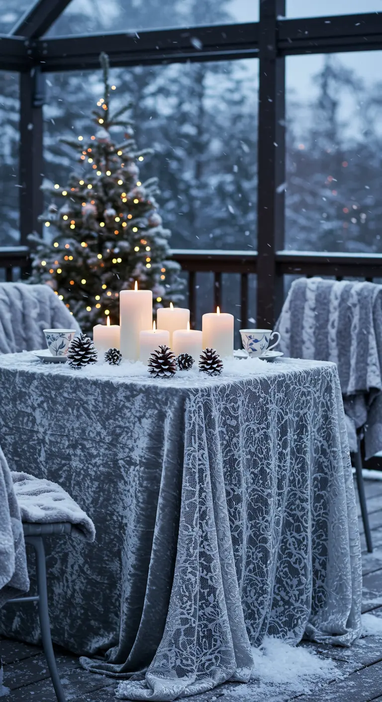 A table set for tea in a snowy setting, with a grey velvet and lace tablecloth and pillar candles.