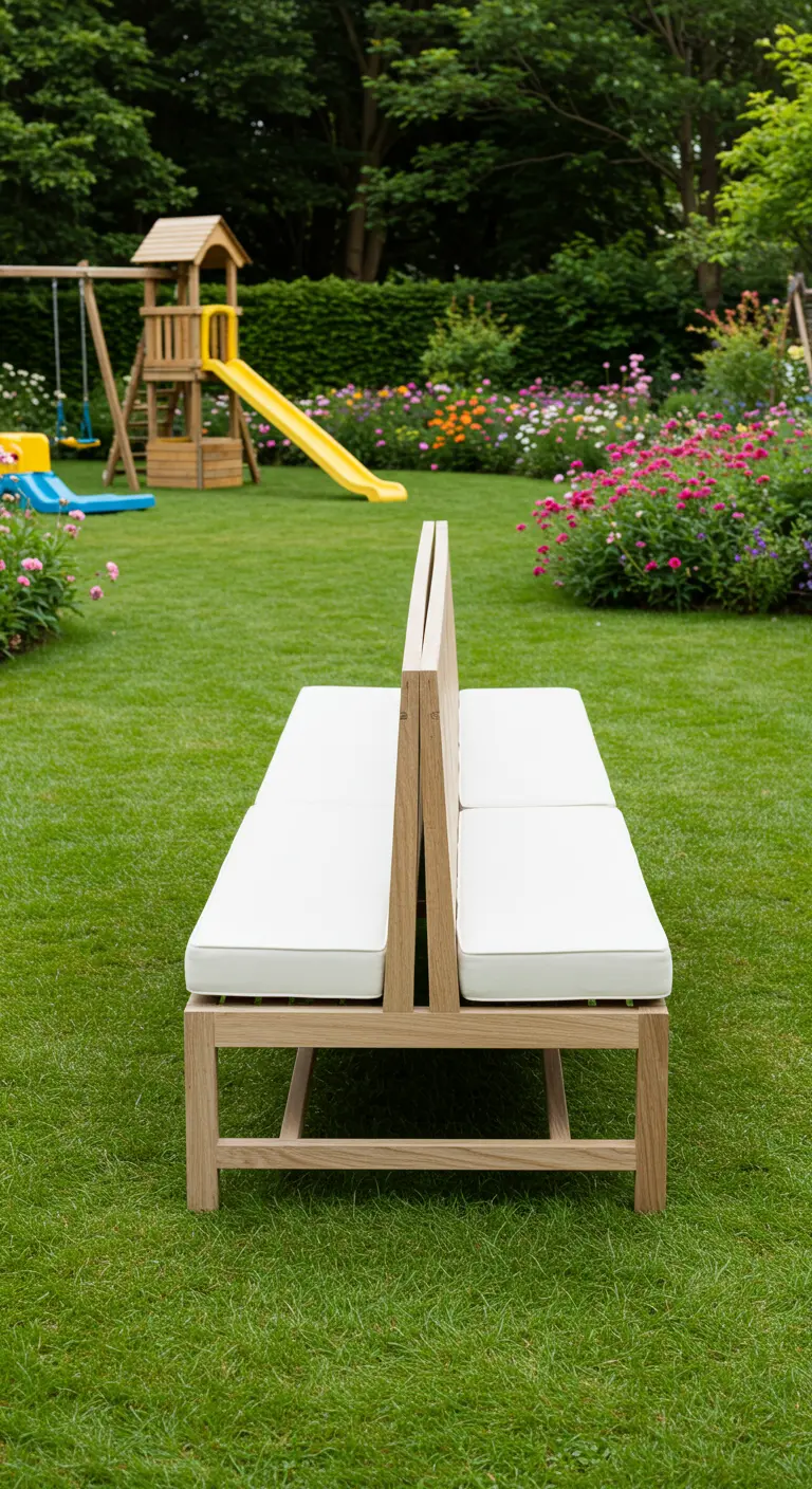 A unique back-to-back light wood bench with white cushions in the middle of a lawn.